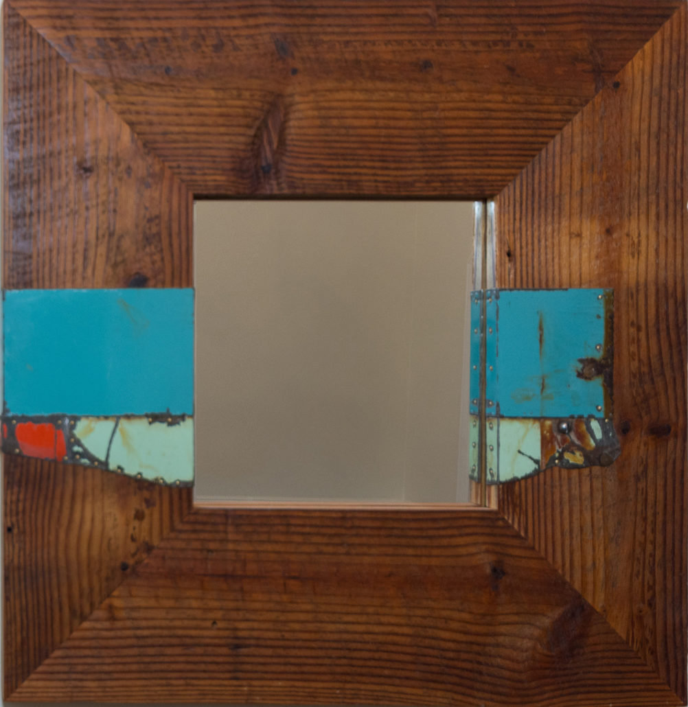 barnwood mirror with reclaimed tin