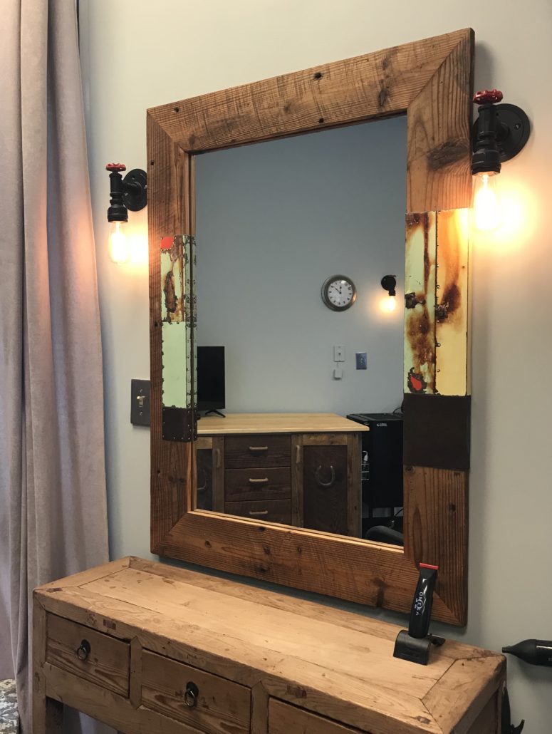 reclaimed wood and tin salon mirror